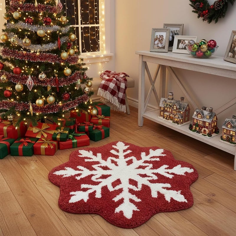 REFGY Christmas Bath Rug, 24x24" Red Snowflake Style Bathroom Mat, Extra Soft & Absorbent, Machine Washable Non Slip Shower Mat, Winter Themed Xmas Plush Bathroom Floor Rug for Holiday Décor Snow Bath Rug - Image 1